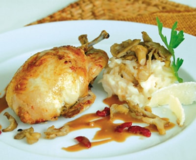 Quail stuffed with duck foie gras roasted with blueberries; risotto with oyster mushrooms - 